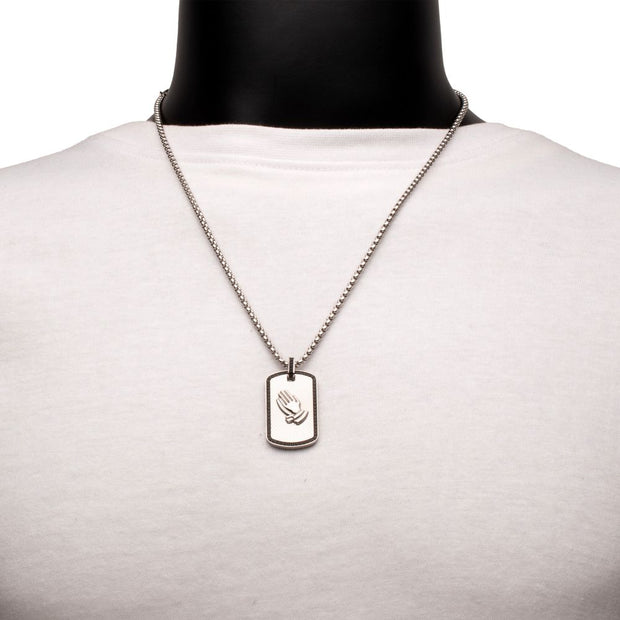 Stainless Steel Praying Hands Black CZ Edge Dogtag Pendant with Black CZ Bail