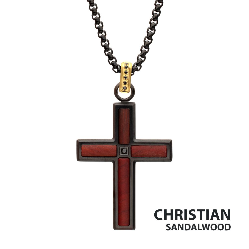 Men's Matte Black Steel & Sandalwood Cross Pendant with Black Spinel