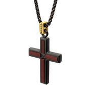 Matte Finish Black IP Steel Sandalwood Cross Pendant with CNC Set Black Spinel Crown Link Bail