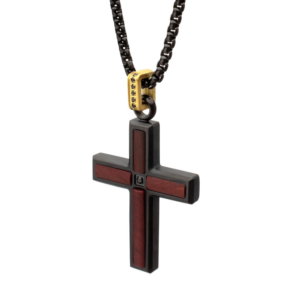 Men's Matte Black Steel & Sandalwood Cross Pendant with Black Spinel