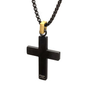 Matte Finish Black IP Steel Sandalwood Cross Pendant with CNC Set Black Spinel Crown Link Bail