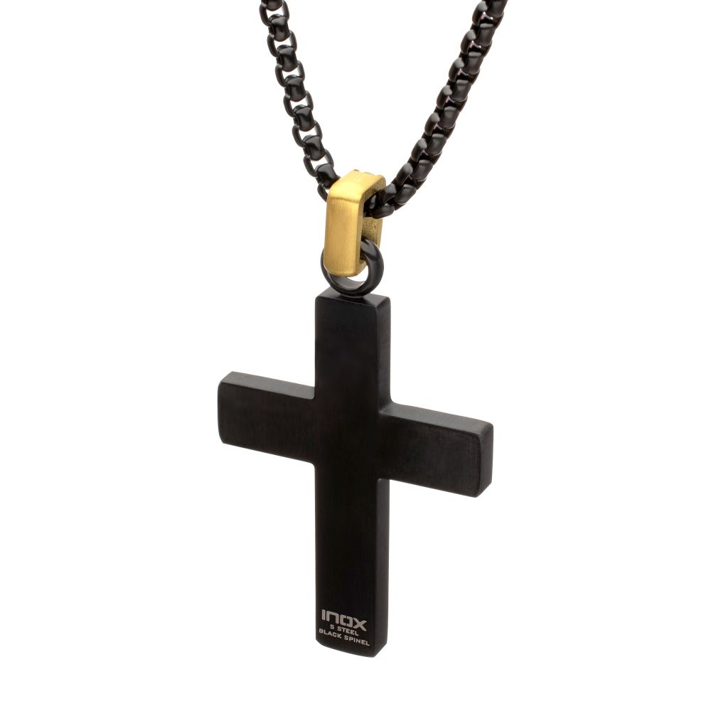 Men's Matte Black Steel & Sandalwood Cross Pendant with Black Spinel