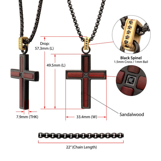 Men's Matte Black Steel & Sandalwood Cross Pendant with Black Spinel