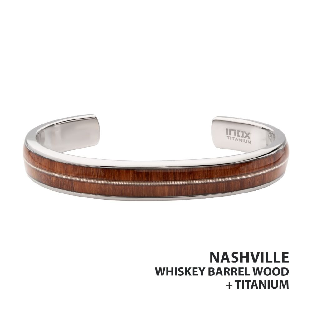 Men's Titanium Whiskey Barrel Wood & Guitar String Cuff Bracelet