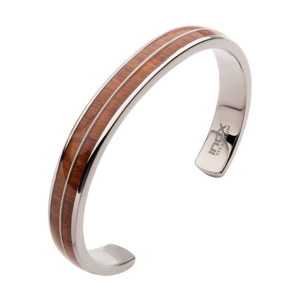 Men's Titanium Whiskey Barrel Wood & Guitar String Cuff Bracelet
