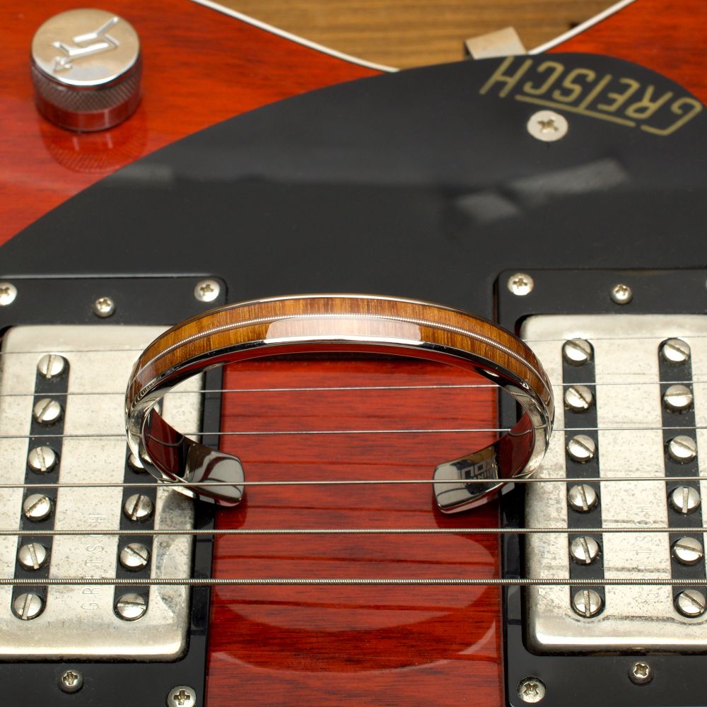 Men's Titanium Whiskey Barrel Wood & Guitar String Cuff Bracelet
