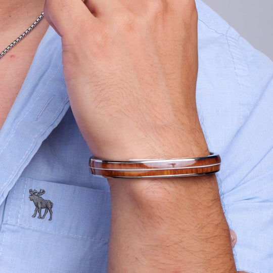 Men's Titanium Whiskey Barrel Wood & Guitar String Cuff Bracelet