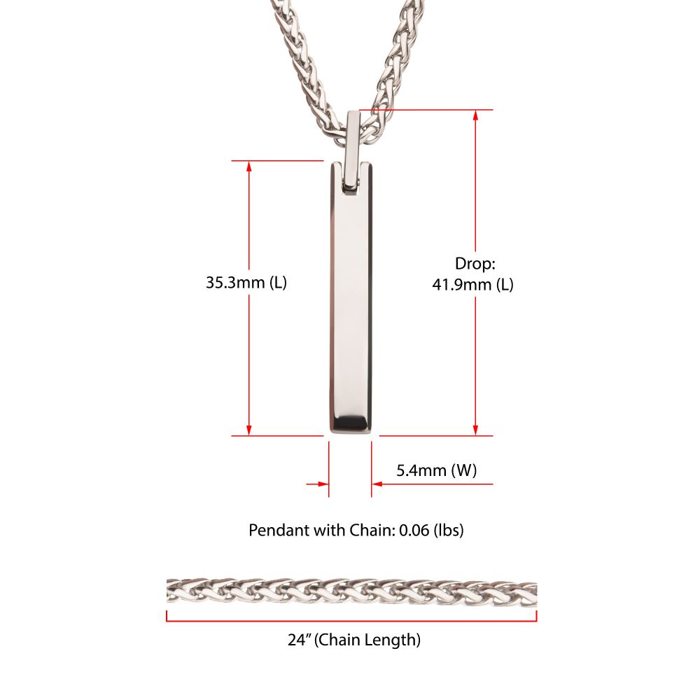 Men’s Tungsten Carbide Engravable Pendant Necklace with 24" Stainless Steel Wheat Chain