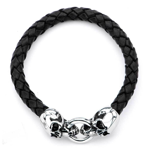 Men's Black Leather Bracelet with Skulls