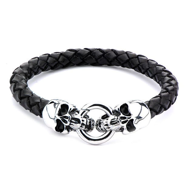 Men's Black Leather Bracelet with Skulls