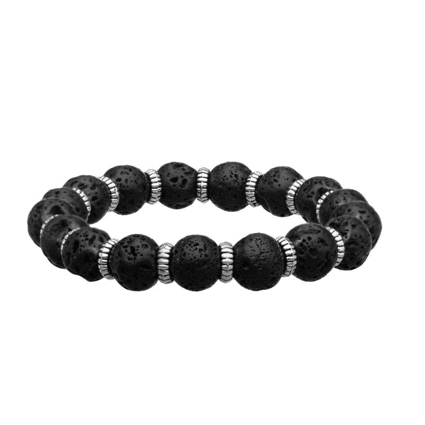 Men's Steel Zinc Ring and Black Lava Beads Bracelet