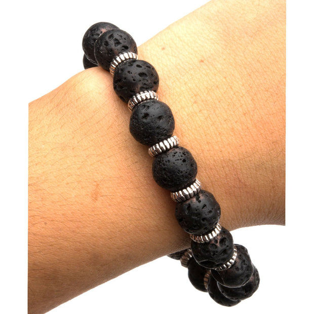 Men's Steel Zinc Ring and Black Lava Beads Bracelet