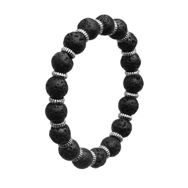 Men's Steel Zinc Ring and Black Lava Beads Bracelet