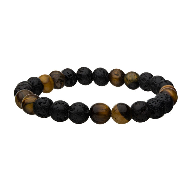 Men's lava and tiger eye yellow beaded bracelet