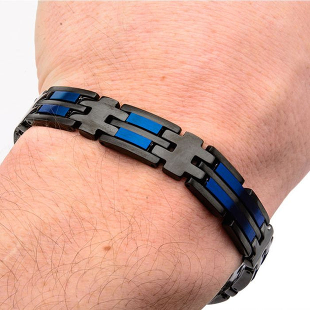 Men's Matte Black & Blue Plated Link Bracelet