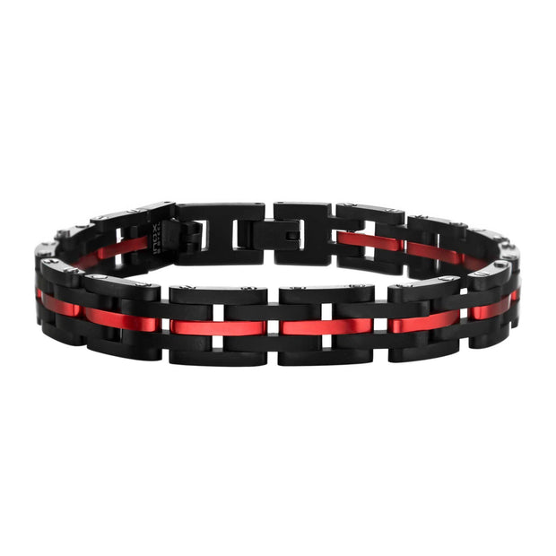 Men's black and red steel link bracelet