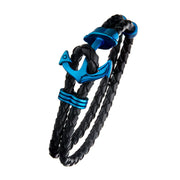 Braided - Black Leather with Blue Plated Anchor Bracelet