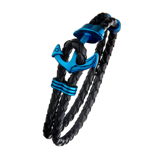 Braided - Black Leather with Blue Plated Anchor Bracelet