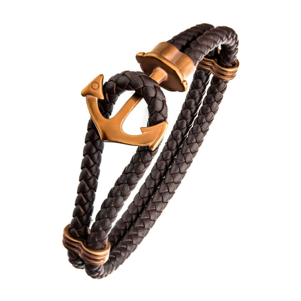 Braided - Brown Leather with Cappuccino Plated Anchor Bracelet