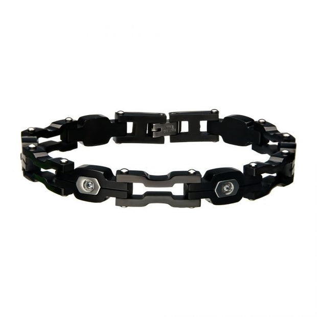  Men's Stainless Steel Black Plated and Black CZ Link Bracelet
