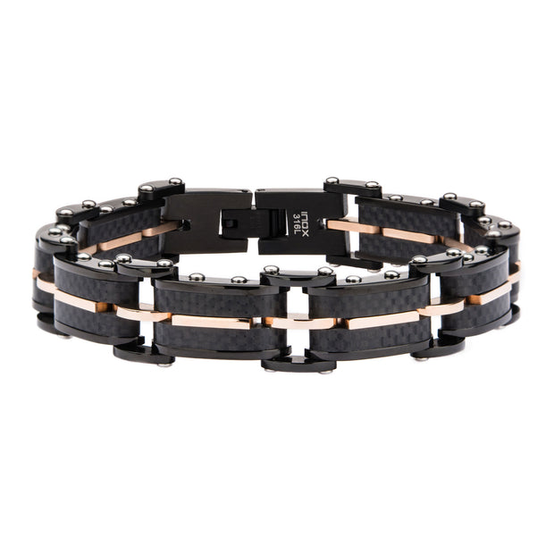 Men's Carbon Graphite and Rose Gold Plated Link Bracelet