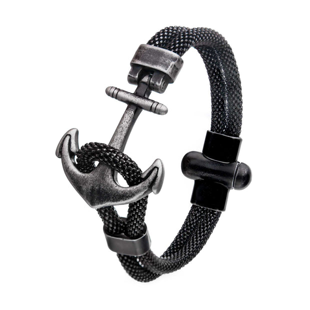 Stainless Steel - Black Antiqued Mesh Anchor Bracelet
