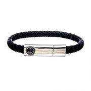 Black Leather Bracelet with Anchor in Brushed Steel Clasp Bar