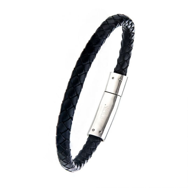 Black Leather Bracelet with Anchor in Brushed Steel Clasp Bar