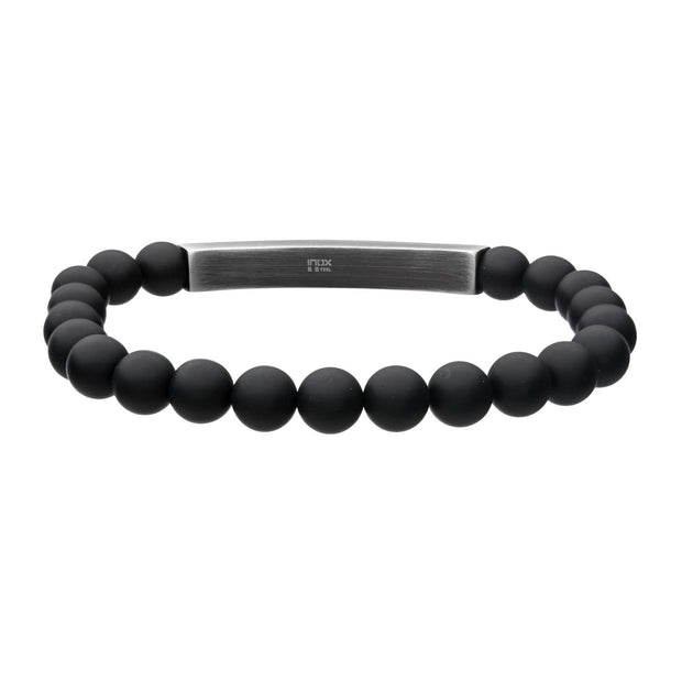 Stainless Steel Gunmetal Onyx Beads Stretch Bracelet