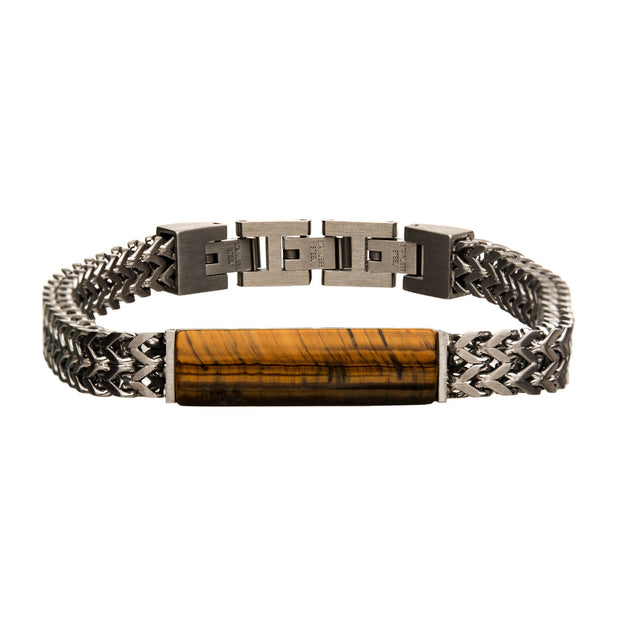  Stainless Steel Double Franco Chain Bracelet with Tiger Eye Stone 
