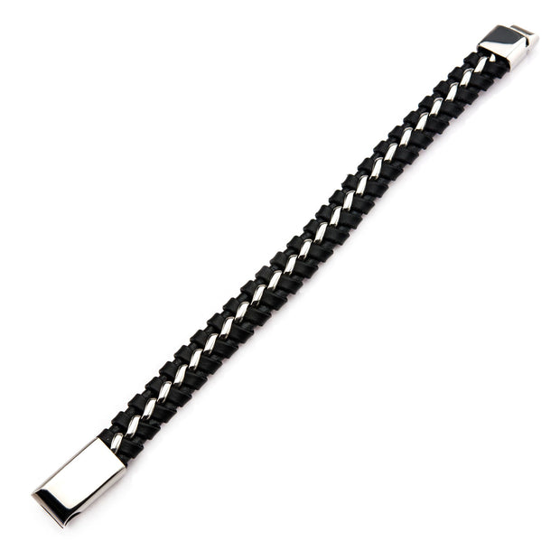 Men's black braided leather bracelet with steel clasp
