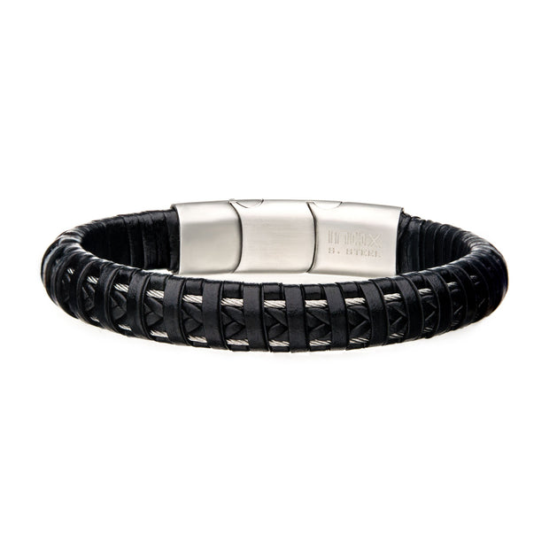 Men's Black Leather with Steel Clasp Bracelet