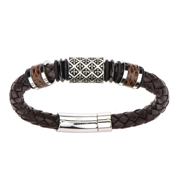 Men's Fleur De Lis Brown Braided Leather Bracelet