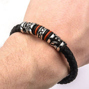 Black Leather with Red Orange Steel Bracelet