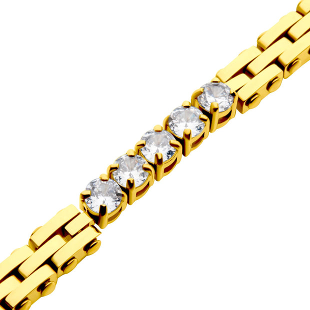 Trim Cut with Clear CZ Tennis 18K Gold Plated Bracelet