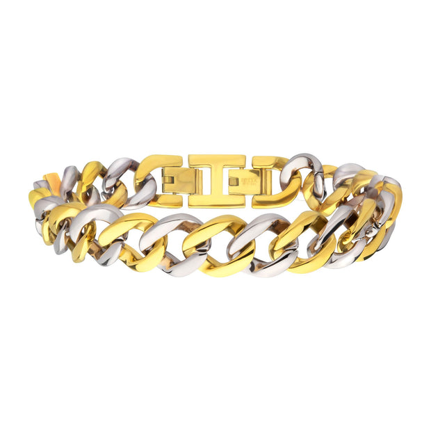 18Kt Gold IP Stainless Steel 12.5mm Curb Chain Two-tone Bracelet