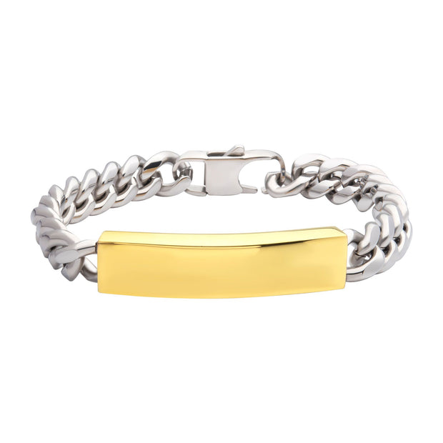 Link and Chain - 10mm Steel Curb Chain Two-tone Bracelet with 18Kt Gold IP Engravable ID Plate