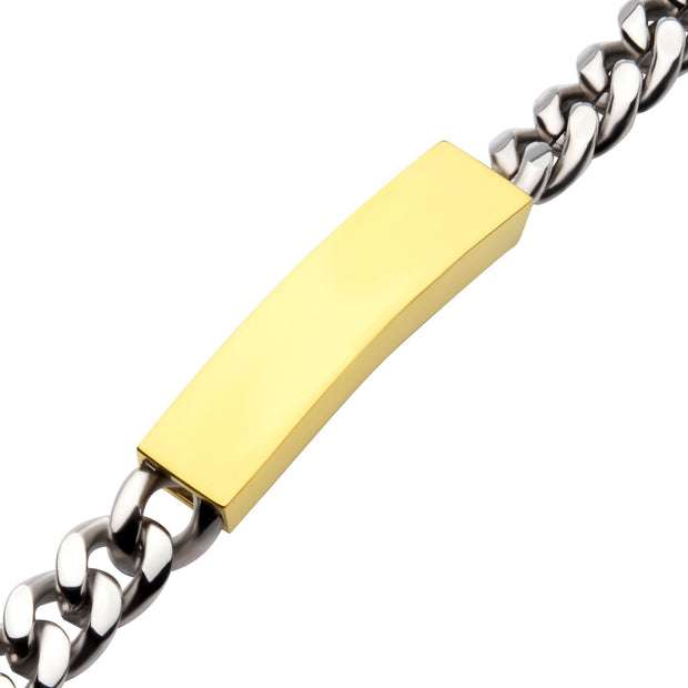 Link and Chain - 10mm Steel Curb Chain Two-tone Bracelet with 18Kt Gold IP Engravable ID Plate