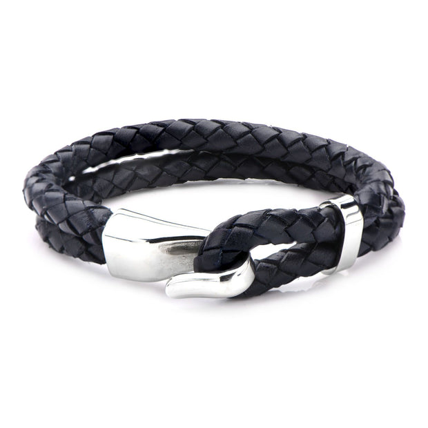 Men's Double Dark Navy Blue Leather & Steel Bracelet