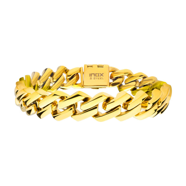 10mm High Polished Finish 18K Gold IP Diamond Prong Cuban Link Bracelet
