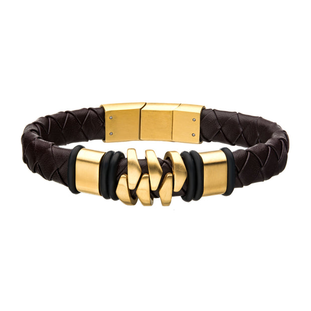 Steel and Gold Plated Brown Leather Bohemian Bracelet