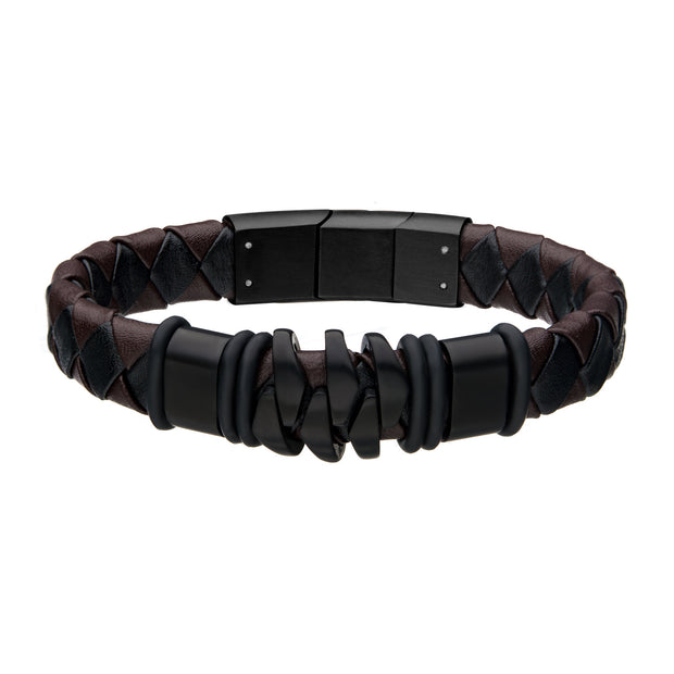 Steel and Black Plated Brown Leather Bohemian Bracelet