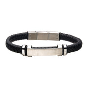 Black Leather Bracelet with Stainless Steel Beads & Engravable ID