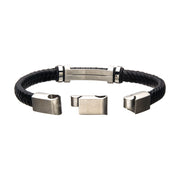 Black Leather Bracelet with Stainless Steel Beads & Engravable ID