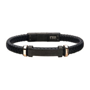 Black Leather Bracelet with Stainless Steel Beads & Engravable ID