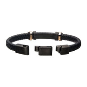 Black Leather Bracelet with Stainless Steel Beads & Engravable ID