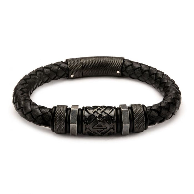 Men's black braided leather bracelet with steel black beads