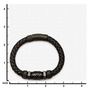 Men's black braided leather bracelet with steel black beads