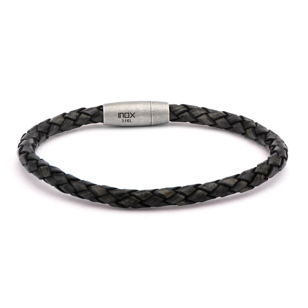 Single Round Black Braided Italian Antique Leather Bracelet