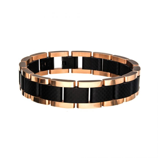 Men's black and rose gold carbon fiber link bracelet